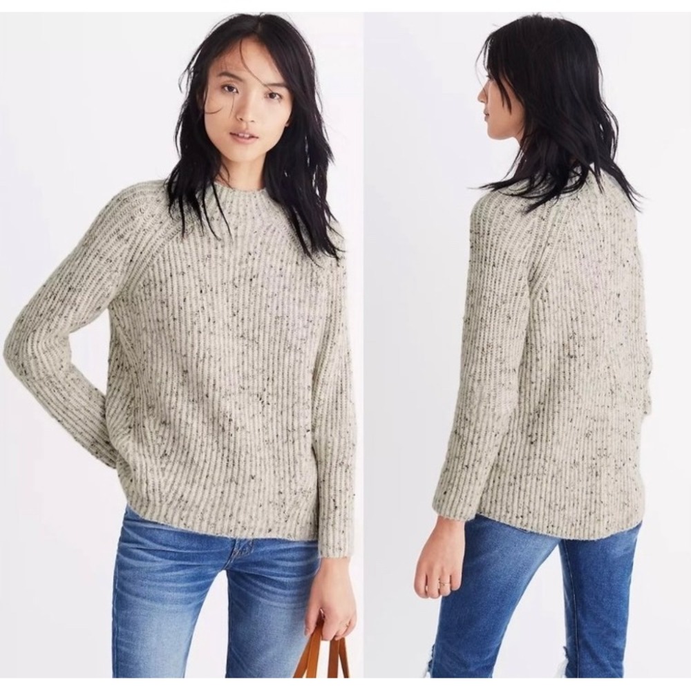 Madewell Donegal Northfiels Rib Mock Neck Sweater Cream Speckled Wool Blend XS